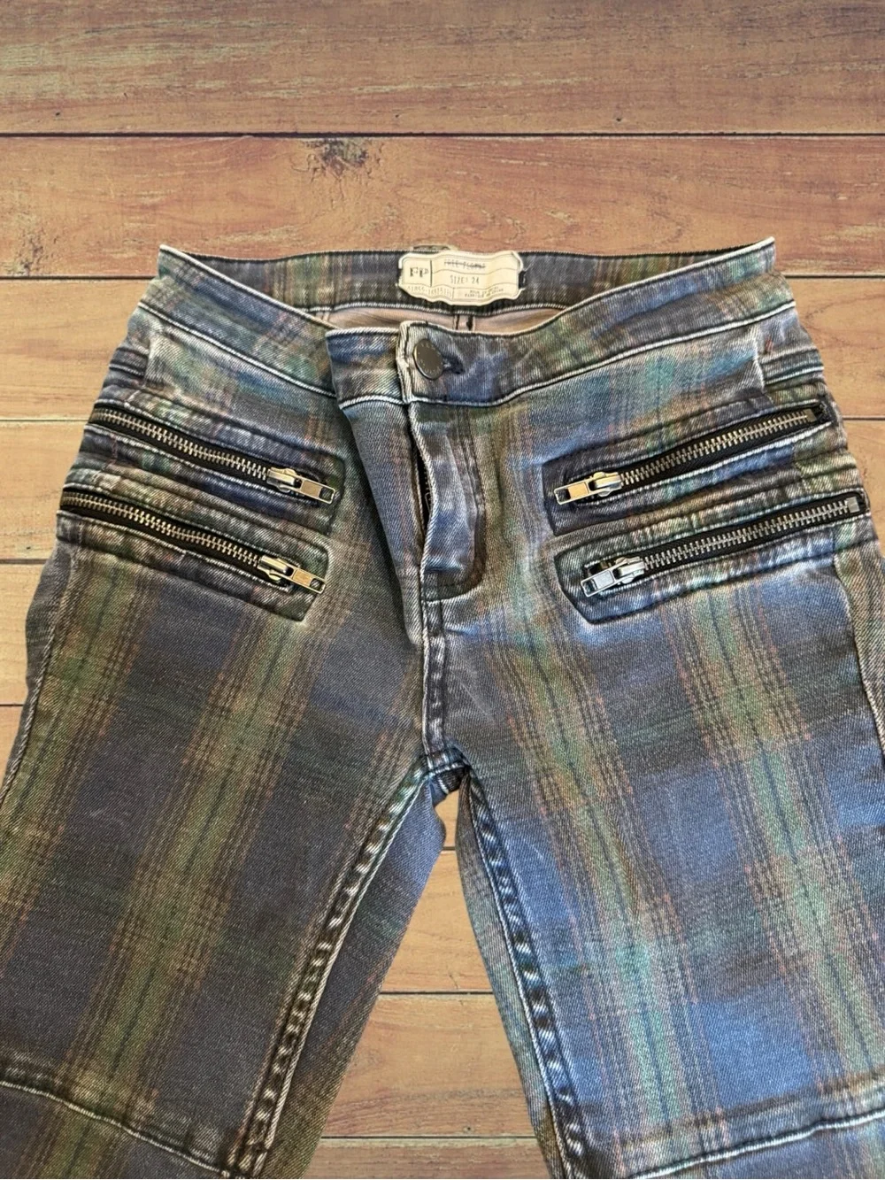 Free People Women's Lennon Tartan Plaid  Ankle  Zip Moto Jeans Size 24
